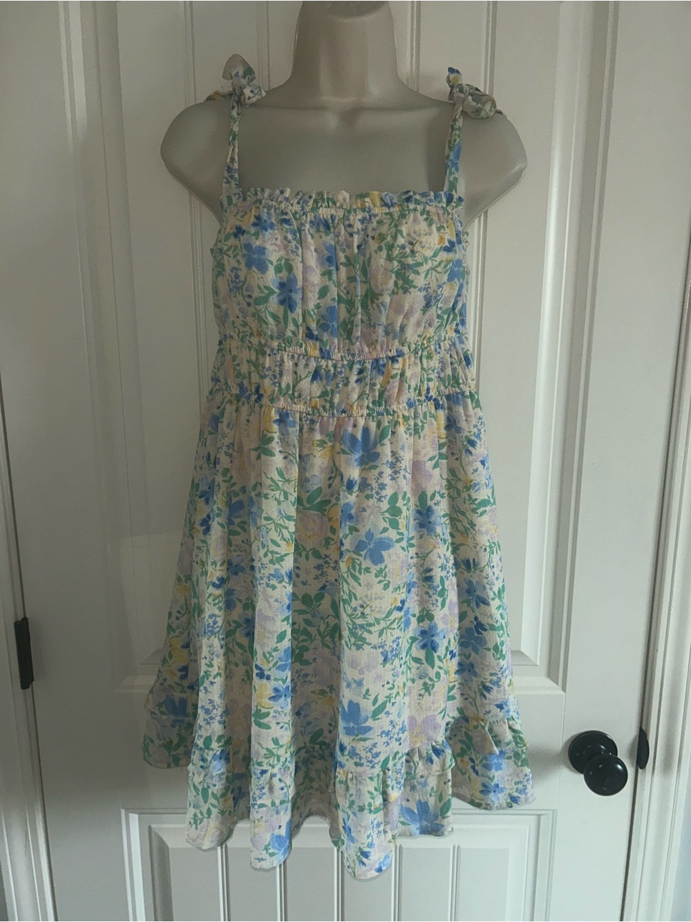 NEW Lush Floral Tie-Shoulder Mini Dress - Blue & Green Sz L